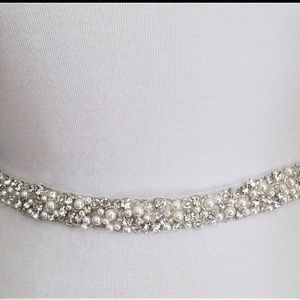 Rhinestone and Pearl Beaded bridal belt with off white ribbon.
